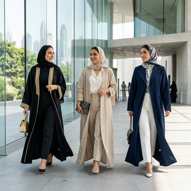 Three women in luxury abayas