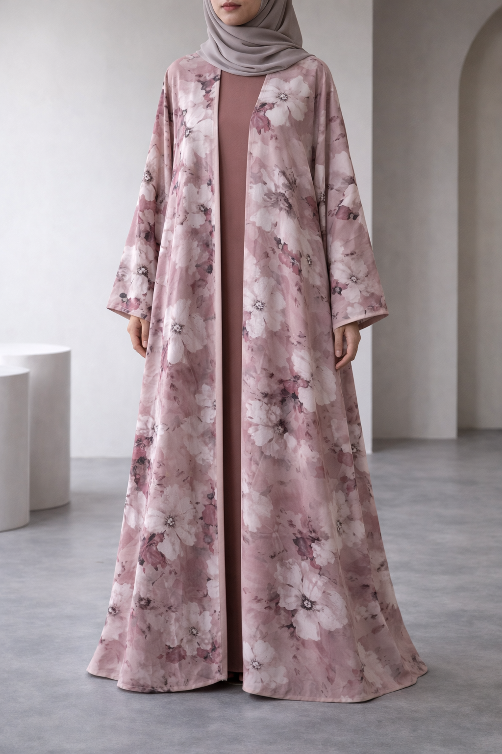 Blush Mist Floral Open Abaya Set