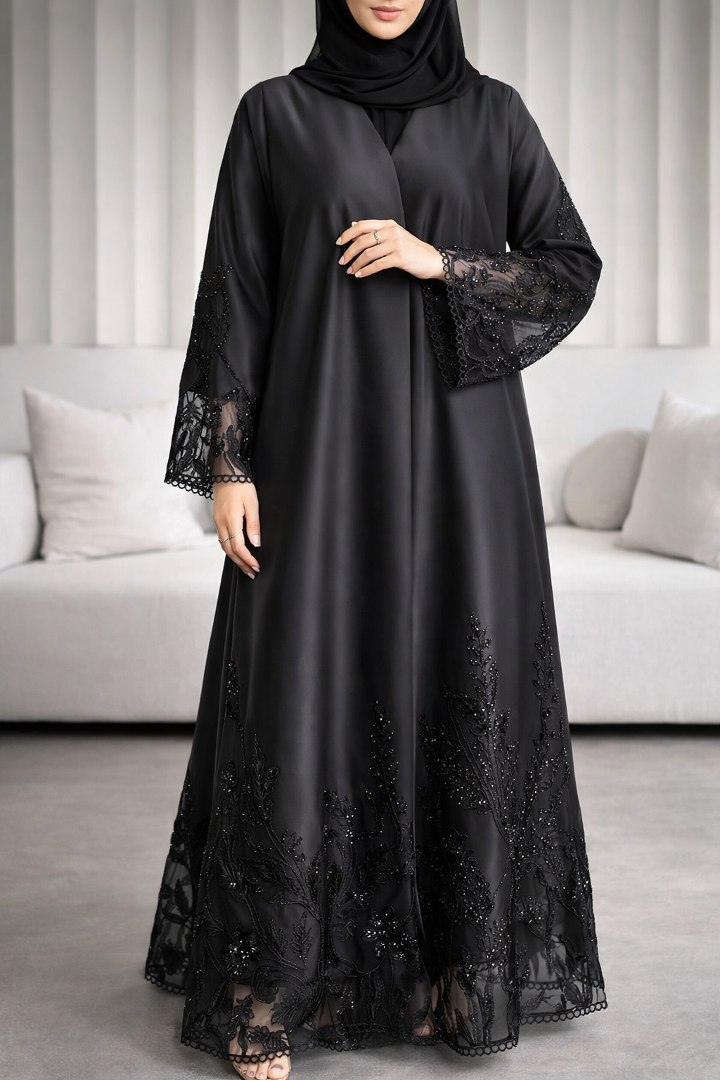Noir Lace Elegance embellished Abaya