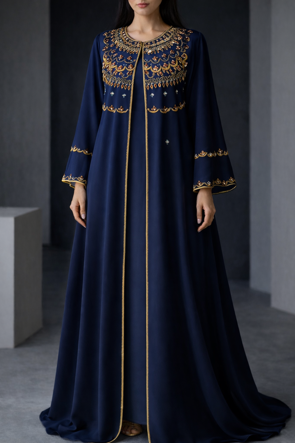 Midnight Royal blue hand work embellished Open Abaya with Inner Set